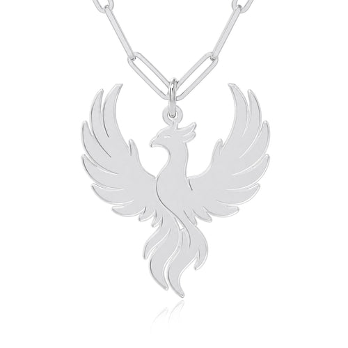 Custom logo necklace — example phoenix logo pendant in silver on a paperclip chain