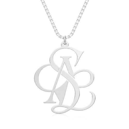 Custom logo necklace — example monogram logo pendant in silver on a box chain