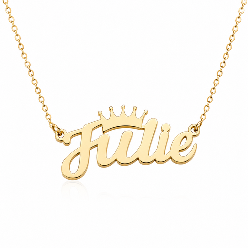 Name Necklace With Crown in gold — the name Julie in script with a crown, on a cable chain