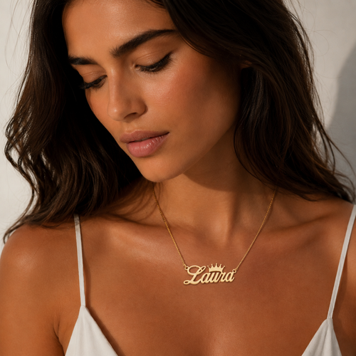 Name Necklace With Crown — model portrait wearing the gold crown name necklace