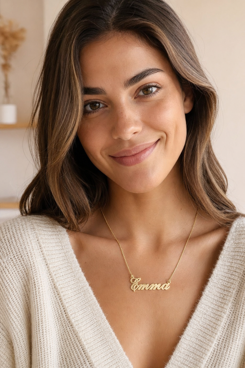 Beleco Jewelry - Custom Name Necklace worn by a model, closeup