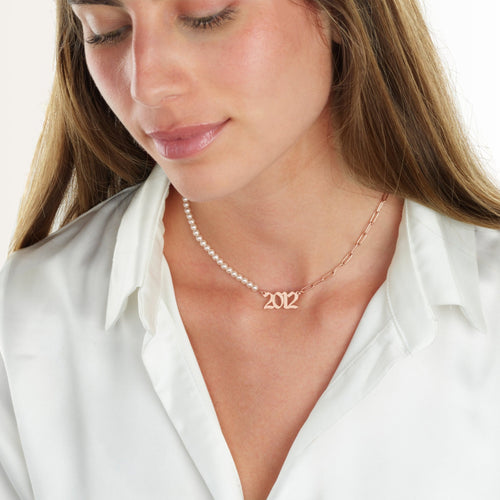 Custom Birth Year Half Pearls Half Paperclip Necklace - Beleco Jewelry