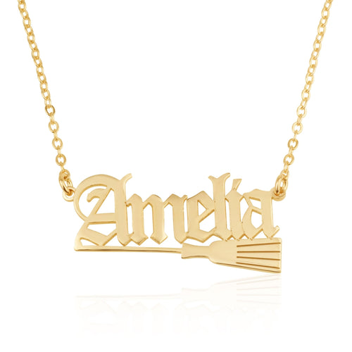 Old English Name Necklace With Broom Witch - Beleco Jewelry