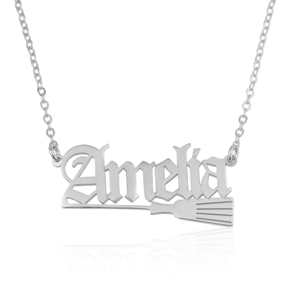 Old English Name Necklace With Broom Witch