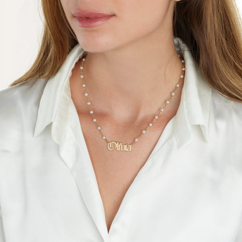 Old English Pearl Name Necklace - Beleco Jewelry