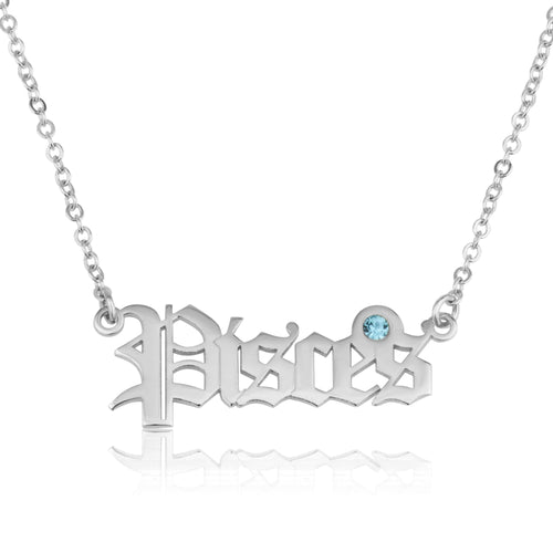 Pisces Script Necklace With Swarovski Birthstone - Beleco Jewelry