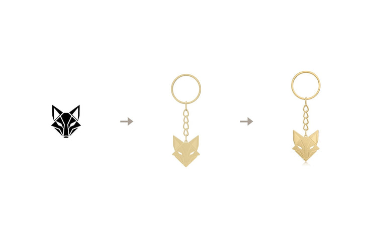 From your logo to a keychain — a fox logo, its 3D preview, and the finished gold keychain