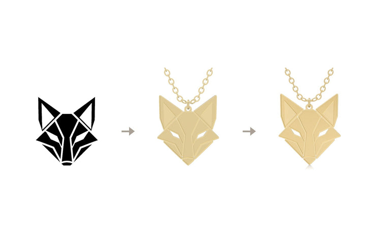 From your logo to a necklace — a fox logo, its 3D preview, and the finished gold pendant