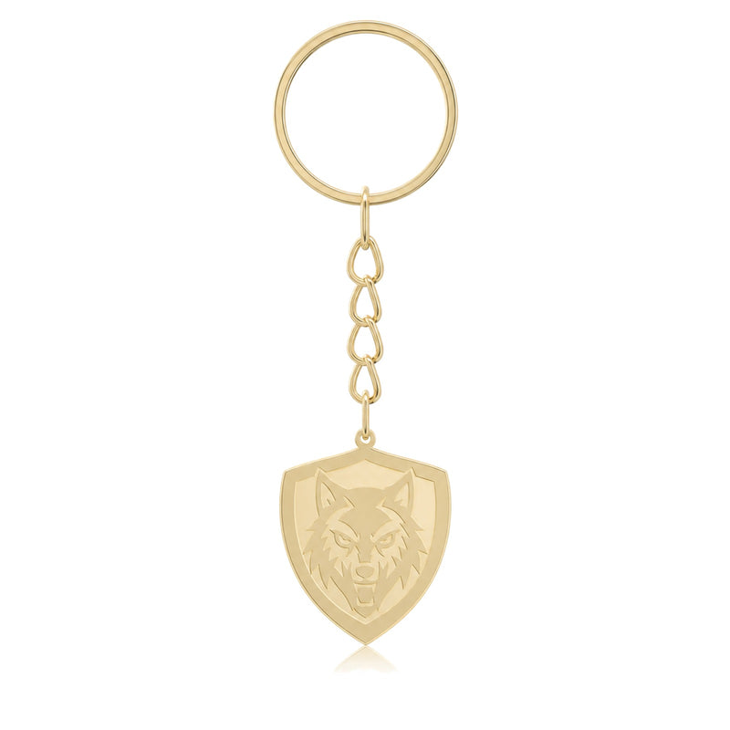 Custom logo keychain — wolf team logo in gold plating