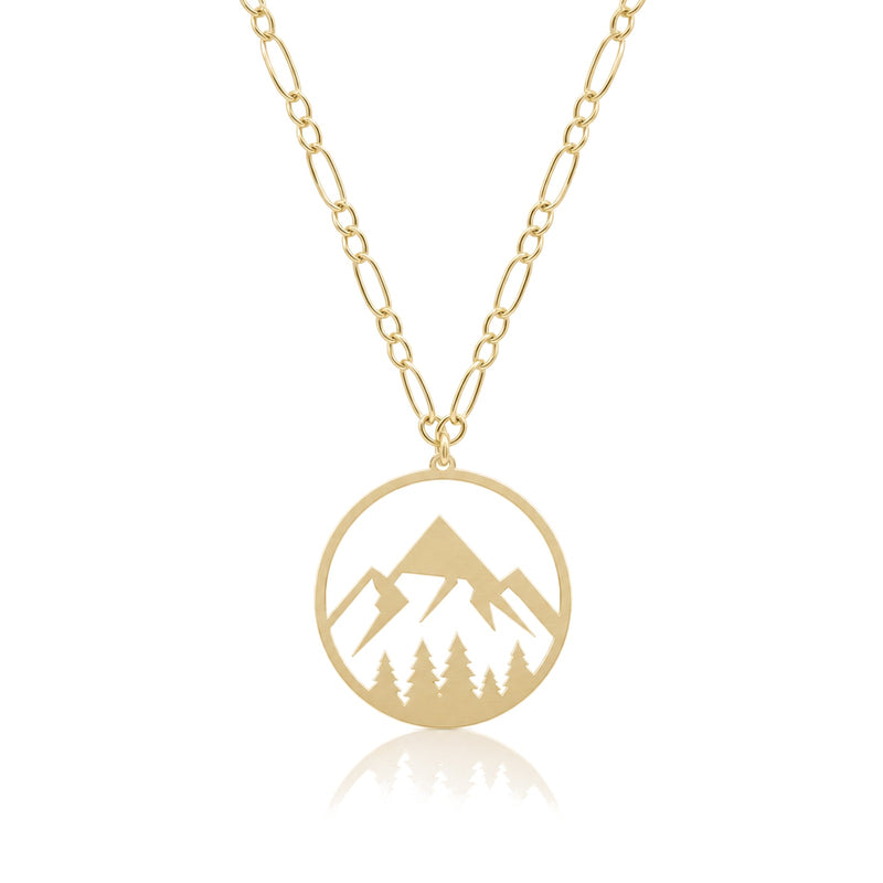 Custom logo necklace — mountain club logo pendant in gold on a figaro chain