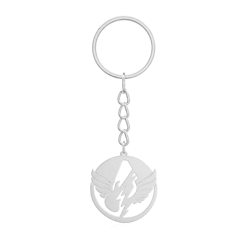 Custom logo keychain — winged guitar logo in silver plating