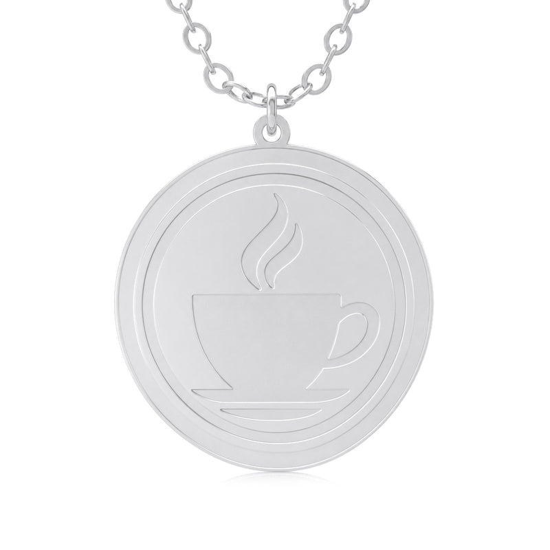 Custom logo necklace — coffee shop logo engraved on a silver round pendant