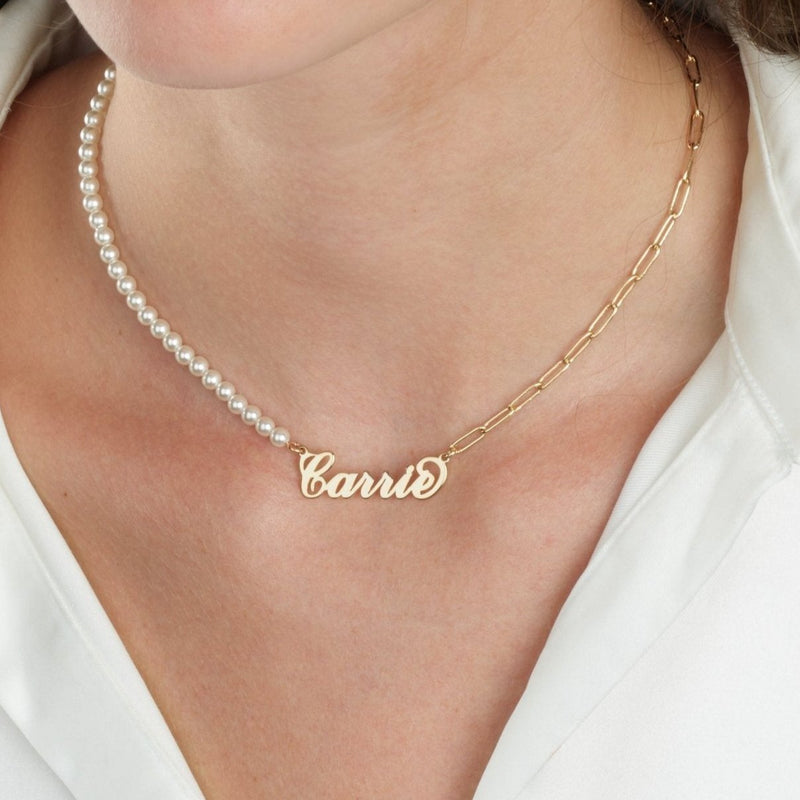 Carrie Half Pearls Half Paperclip Name Necklace - Beleco Jewelry