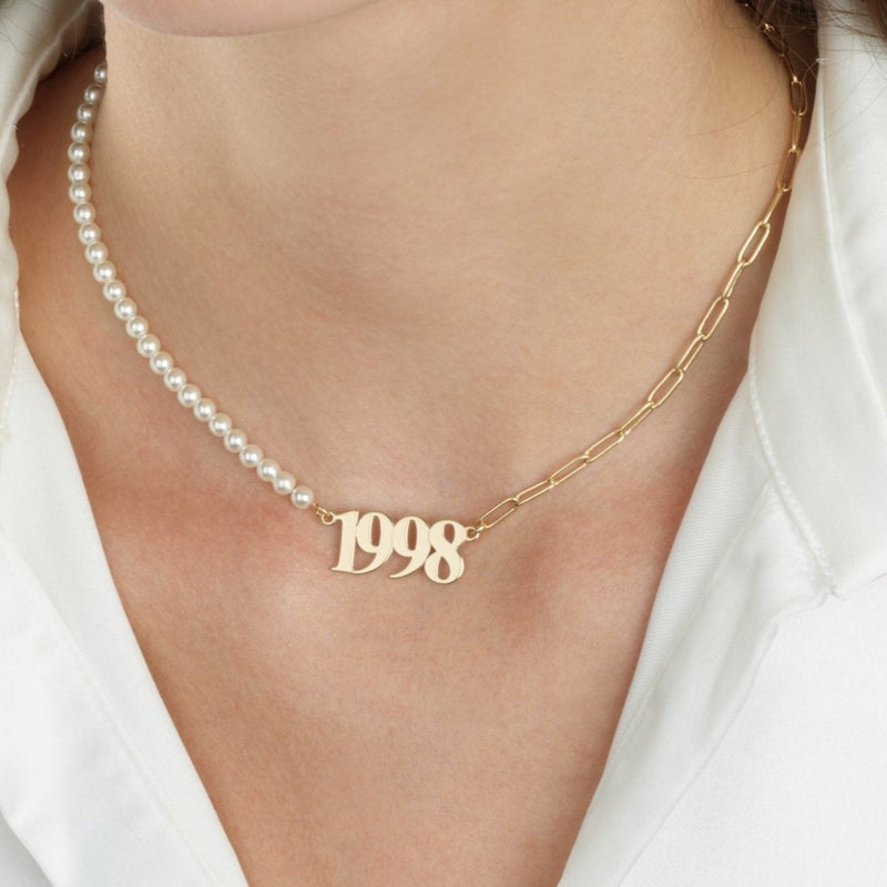 Custom Birth Year Half Pearls Half Paperclip Necklace - Beleco Jewelry