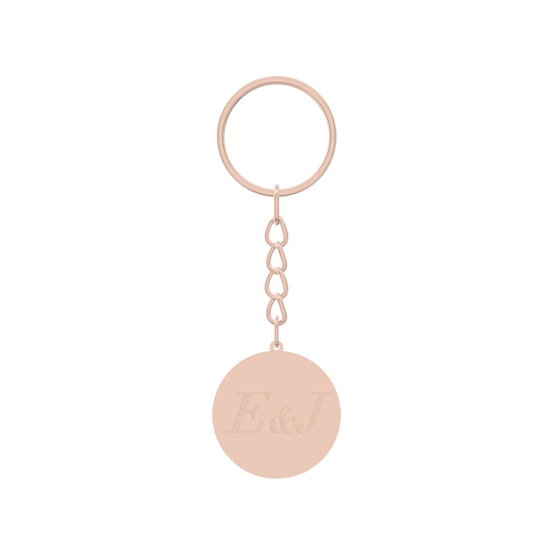 Custom monogram keychain — E&J wedding monogram engraved on a rose gold keychain