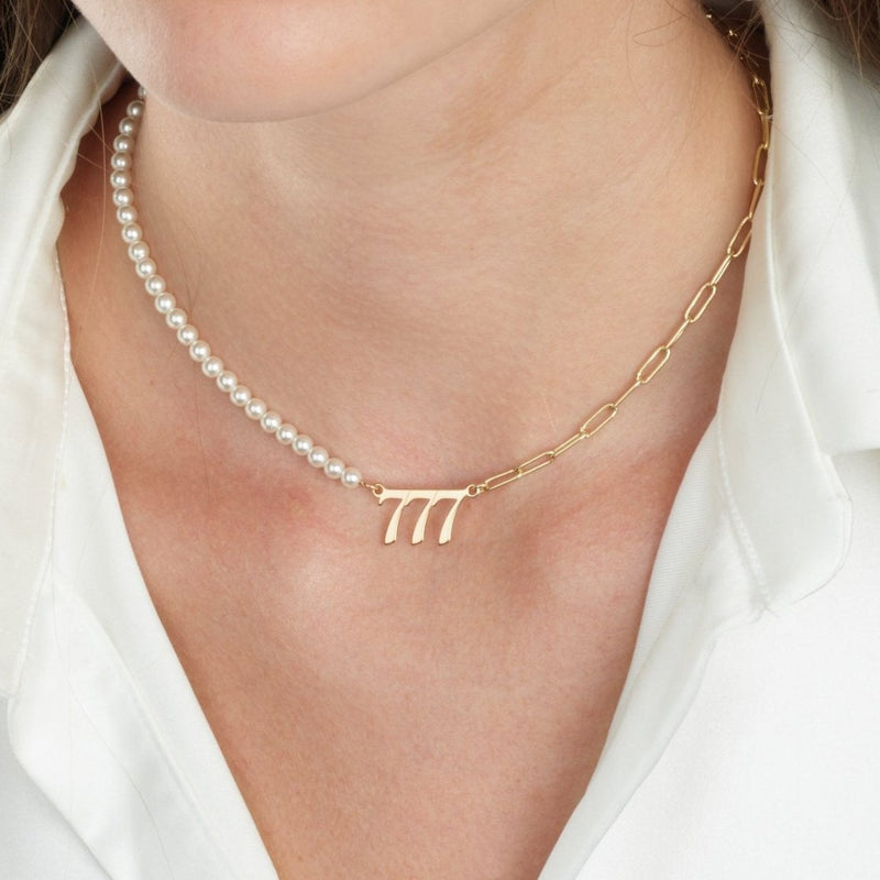 Half Pearls Half Paperclip Angel Numbers Necklace - Beleco Jewelry