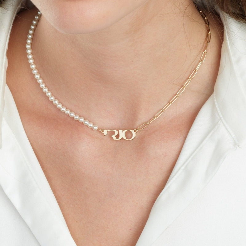 Hebrew Half Pearls Half Paperclip Name Necklace - Beleco Jewelry