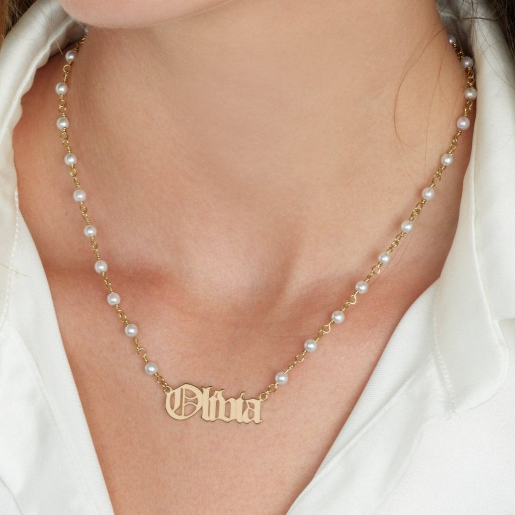 Old English Pearl Name Necklace - Beleco Jewelry