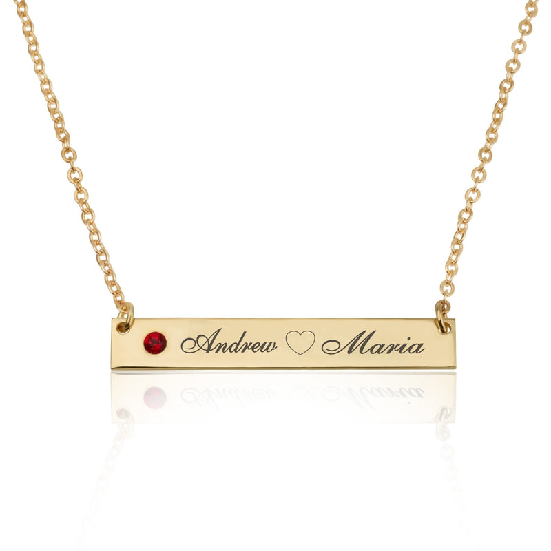 Bar Necklace With Engraved Heart, Names And Birthstone - Beleco Jewelry