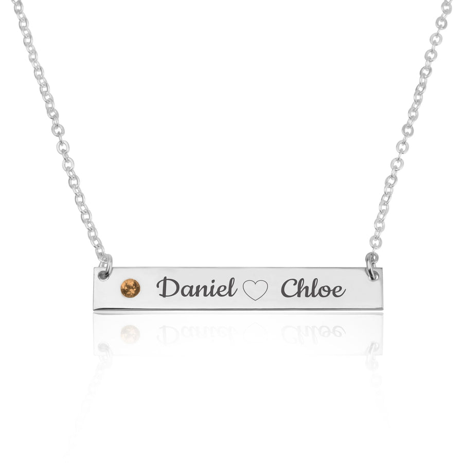 Bar Necklace With Engraved Heart, Names And Birthstone