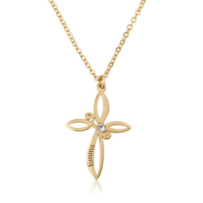 Cross Engraved Name And Birthstone