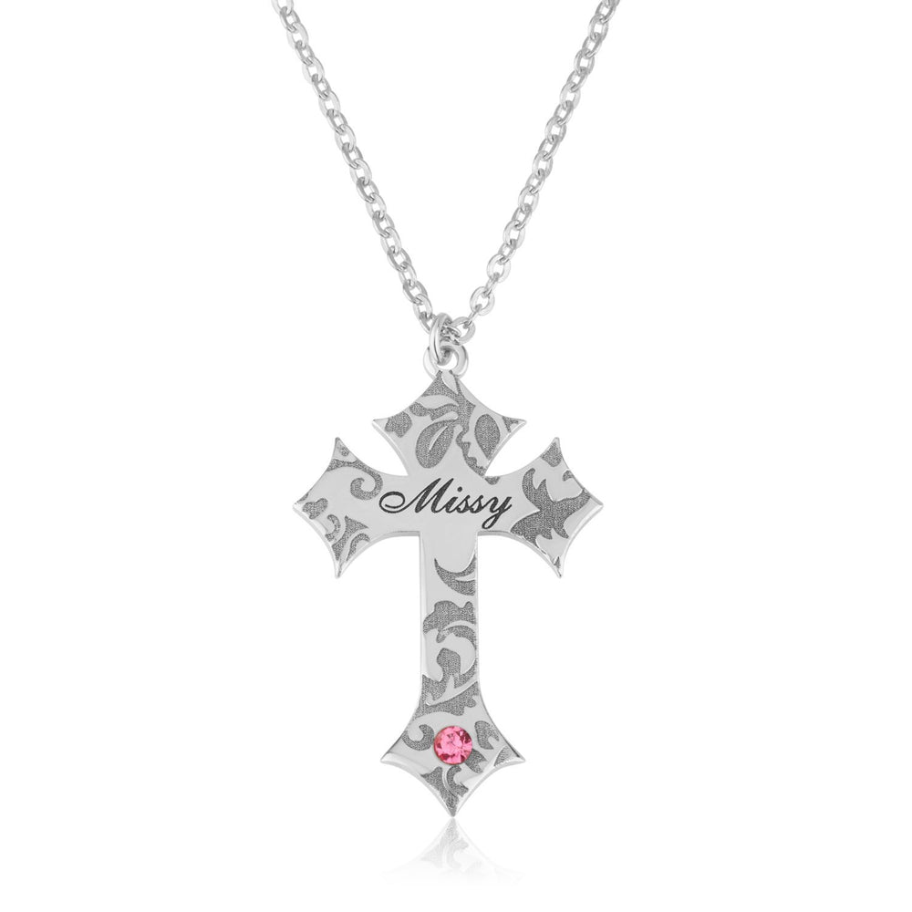 Cross Necklace With Engraved Name And Birthstone