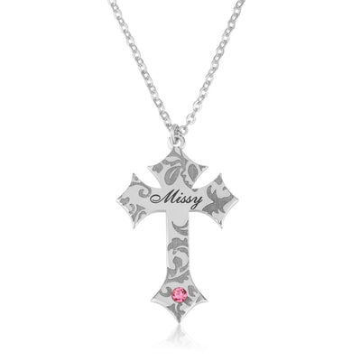 Cross Necklace With Engraved Name And Birthstone