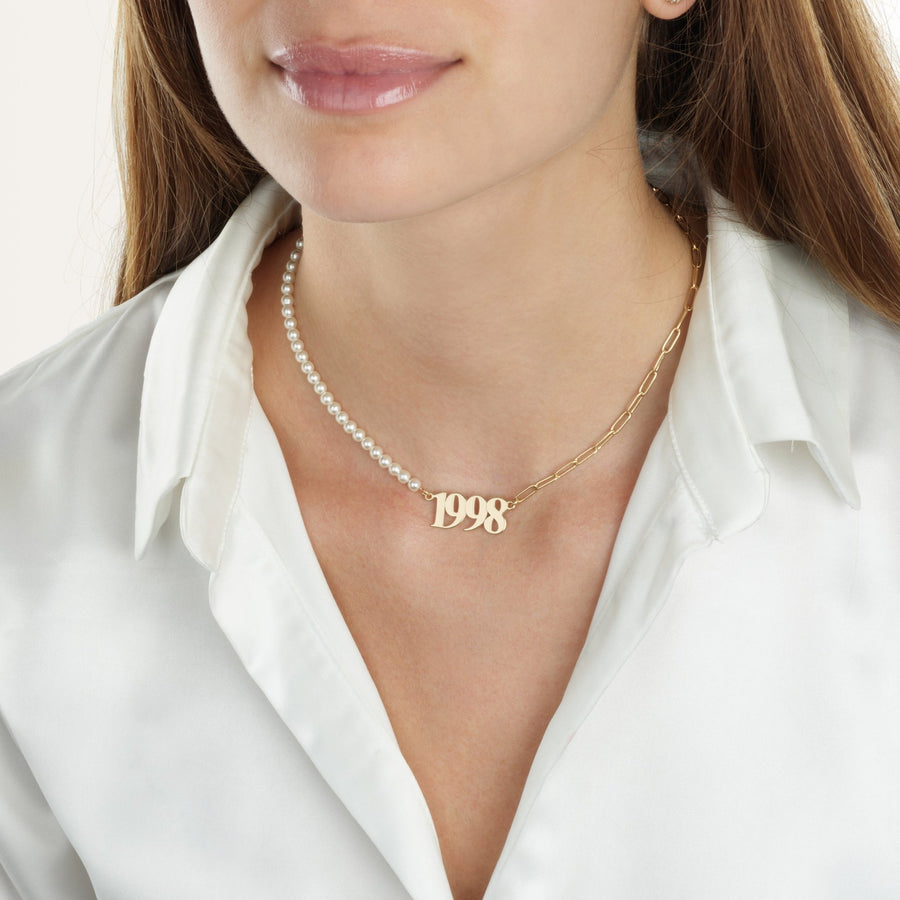 Custom Birth Year Half Pearls Half Paperclip Necklace
