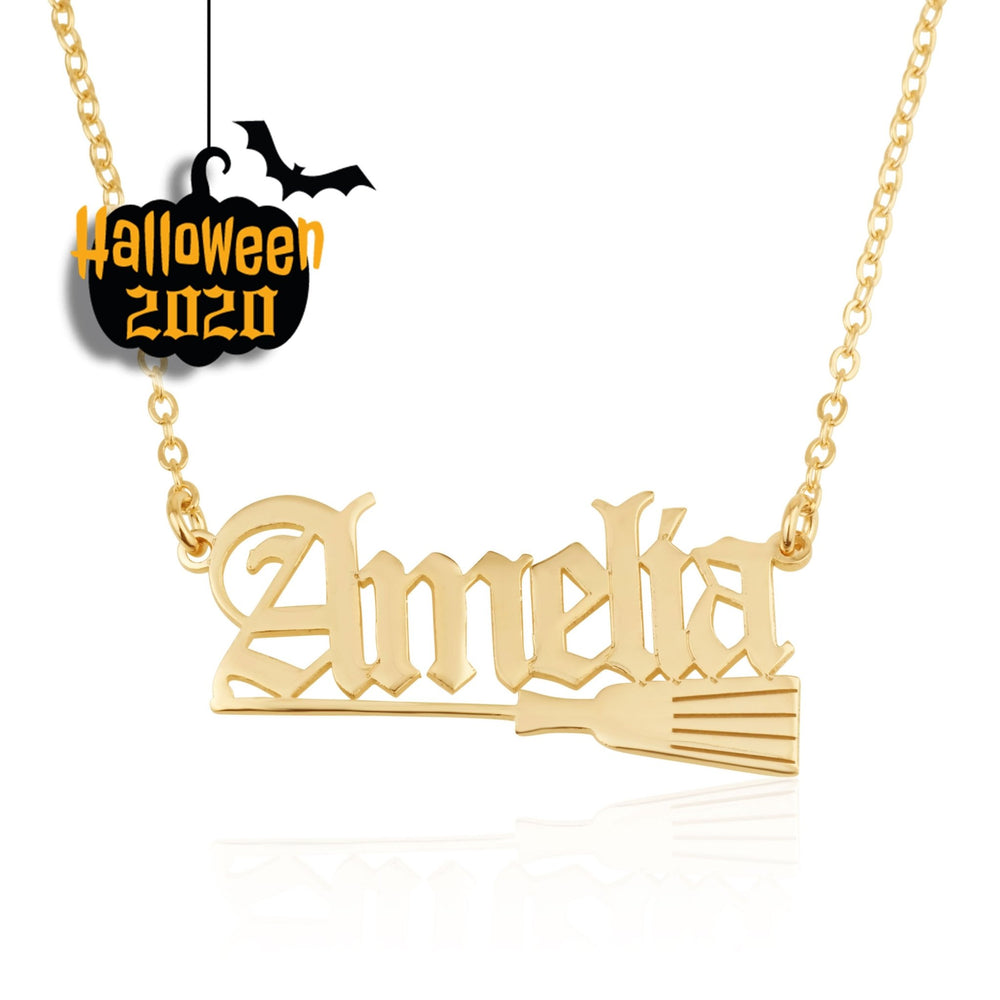 Custom Name Necklace With Broom Witch