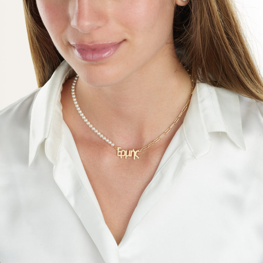 Greek Half Pearls Half Paperclip Name Necklace