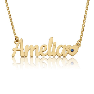 Nameplate Necklace With Heart And Birthstone - Beleco Jewelry