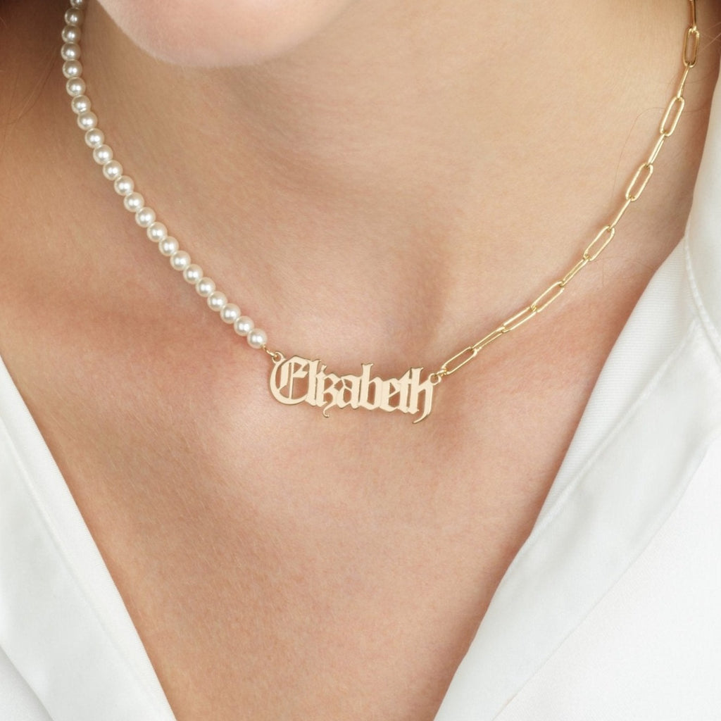 Old English Half Pearls Half Paperclip Name Necklace - Beleco Jewelry