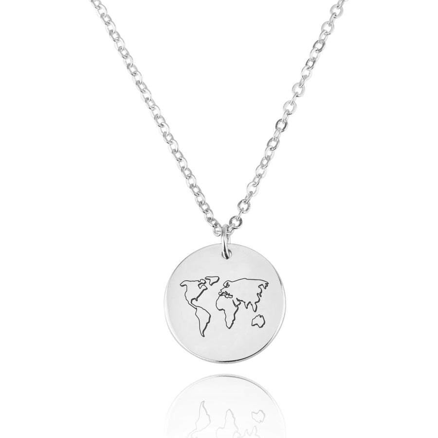 World Map Engraving Disc Necklace