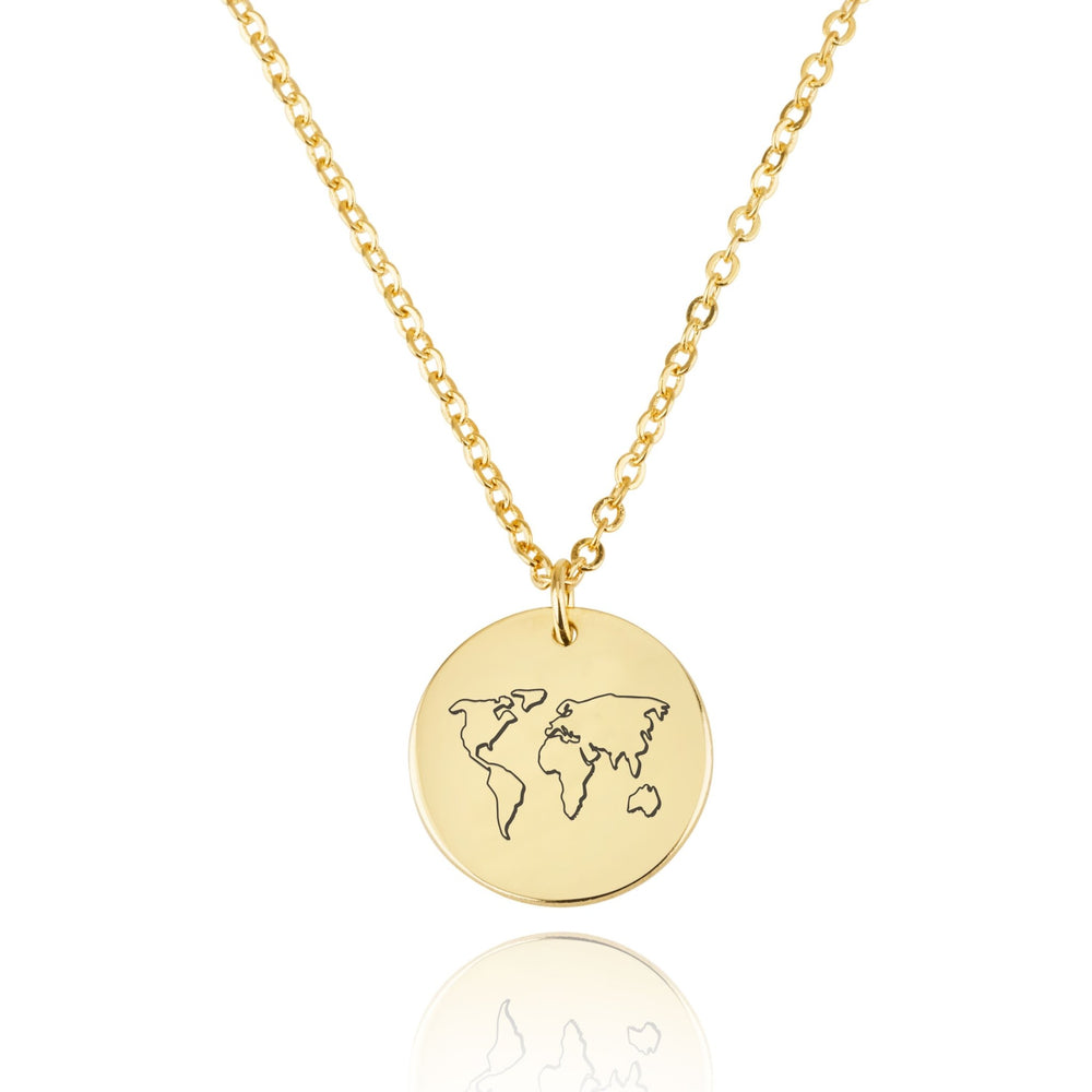 World Map Engraving Disc Necklace