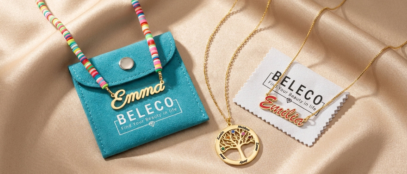 Beleco personalized name necklaces, family-tree birthstone pendant and gift pouch on satin
